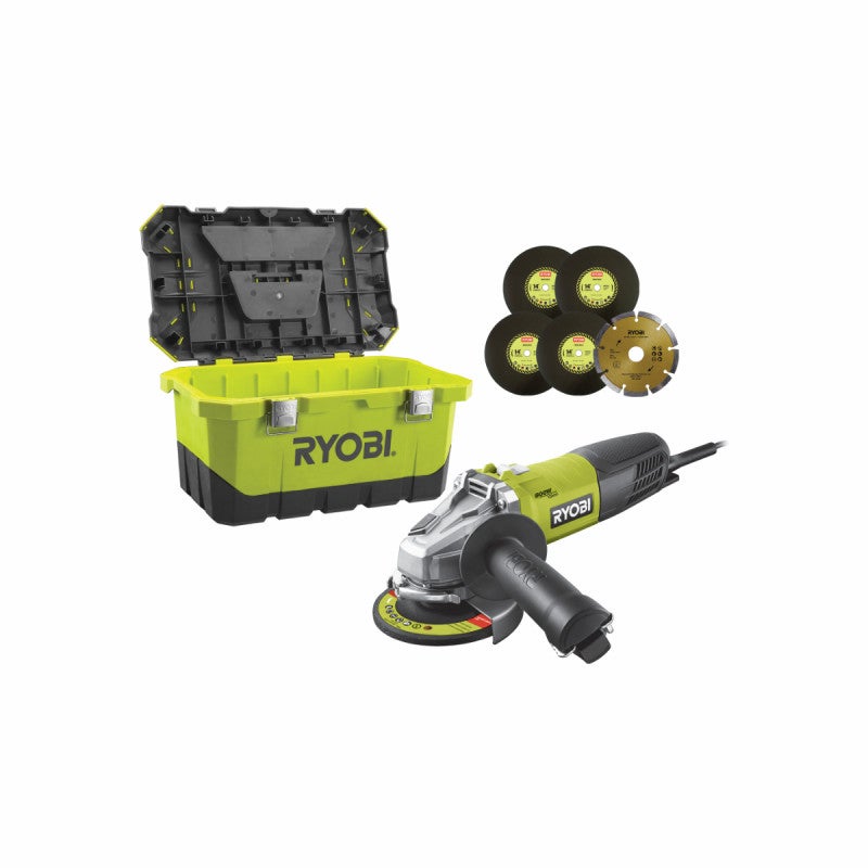 Smerigliatrice Angolare Ryobi 800W, Disco 125mm, 12000 Giri/min - Con Pulsante Blocco Albero E Impugnatura Regolabile