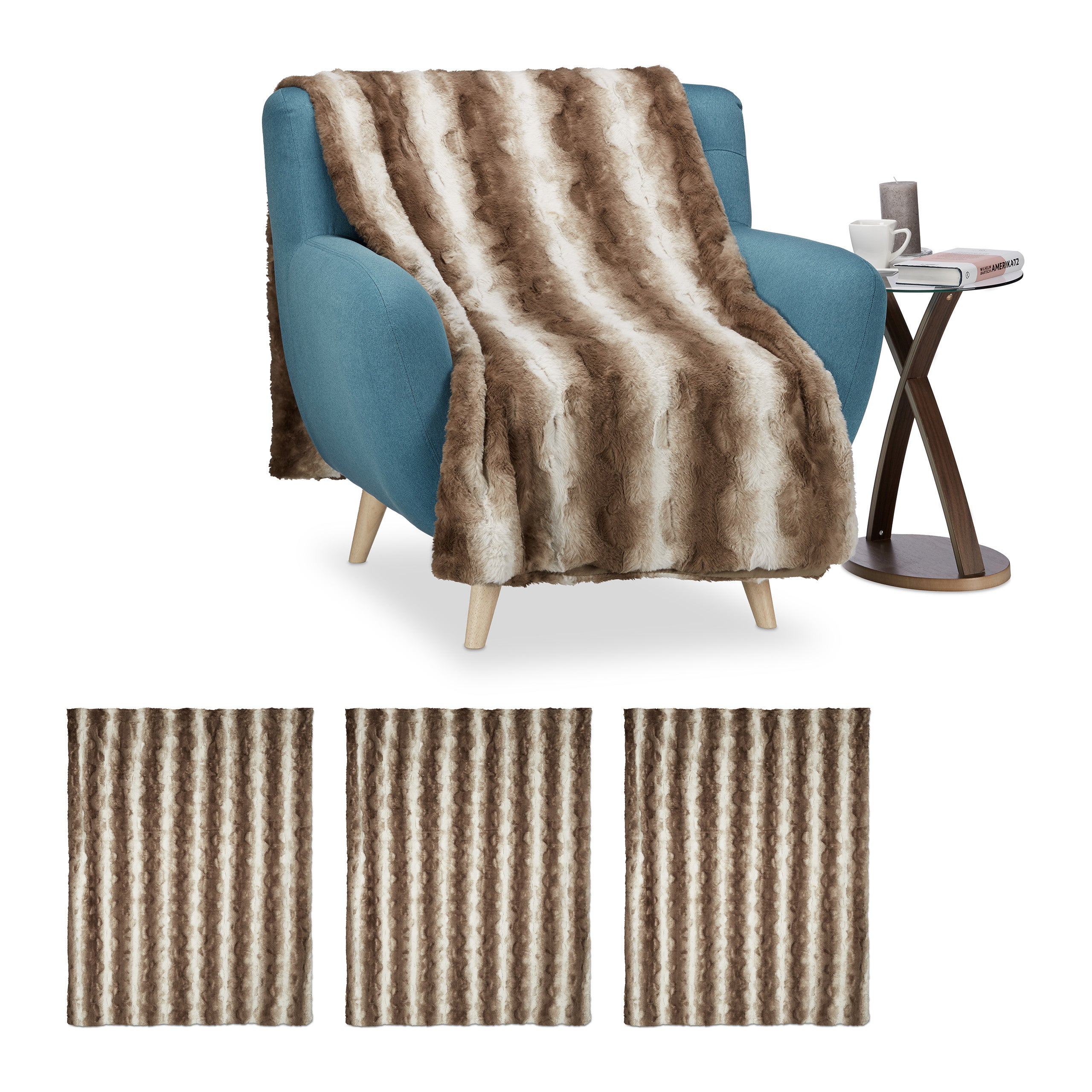 Set 4 mantas de pelo sintético, cobijas para el sofá, mantita suave para cama, mullida, doble capa, 150 x 200 cm, marrón