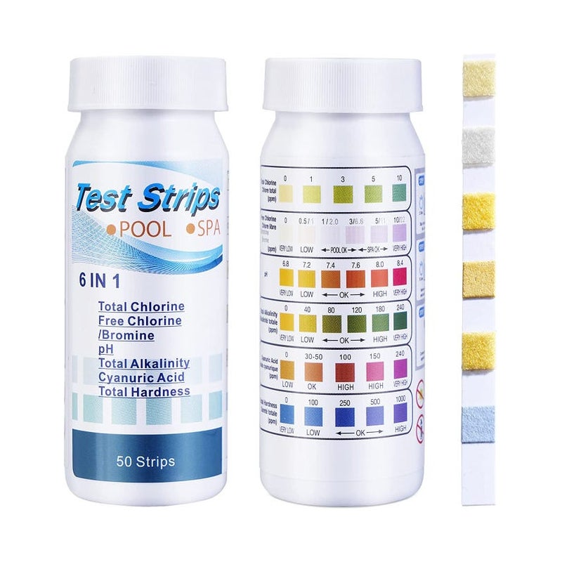 Paski testowe do basenów i spa 6 w 1, 100 pasków do badania chloru, bromu, pH, zasadowości, kwasu cyjanurowego i twardości wody