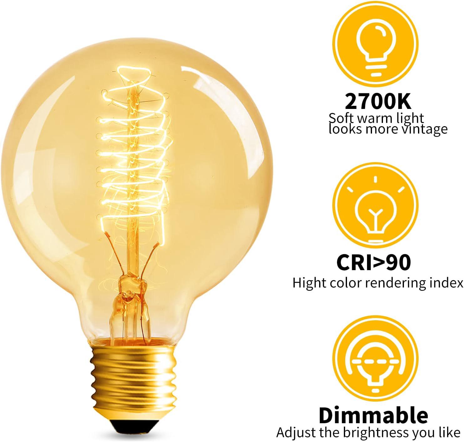 Ampoules Globe Edison, lot de 8 ampoules Edison vintage 60 W, ampoules Edison à filament spiralé, culot E26 - Lumière chaude teintée ambrée - 120 V à - 4