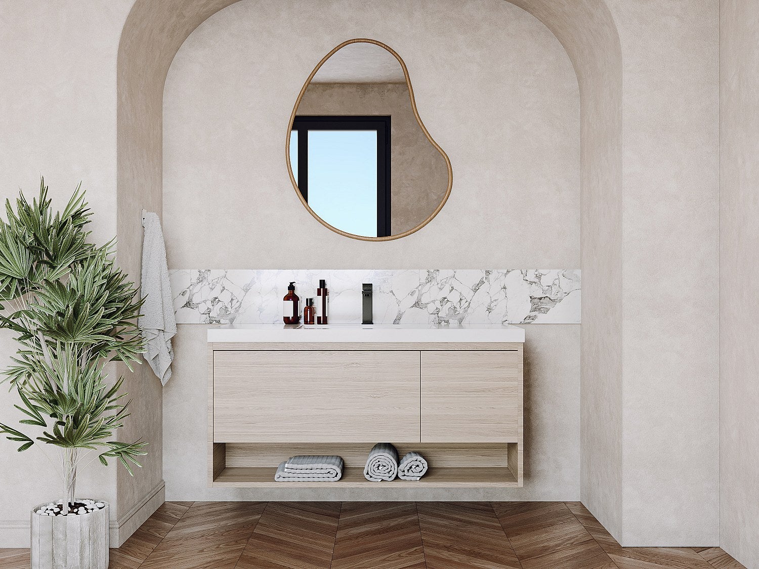 Podwieszana szafka łazienkowa z pojedynczą umywalką w jasnym naturalnym kolorze z kranem - 90 cm - PUJUKA