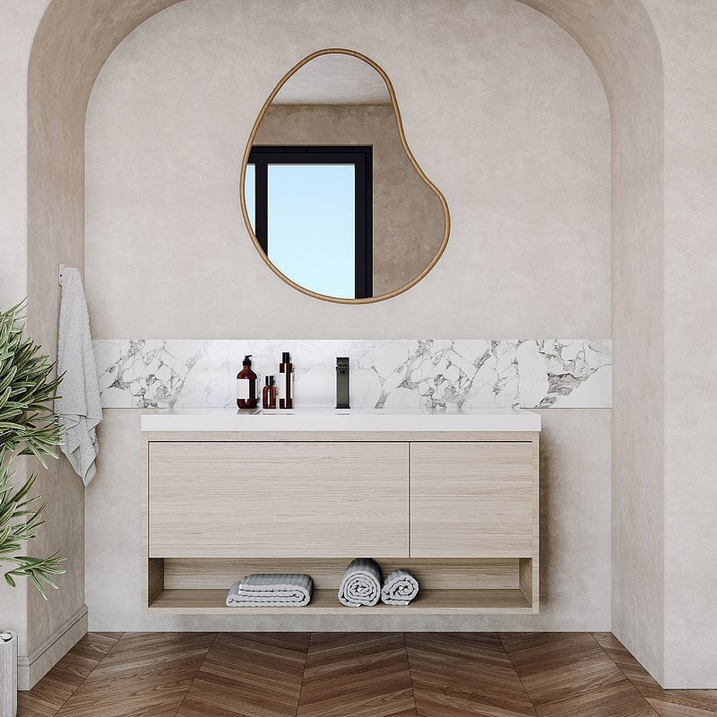 Podwieszana szafka łazienkowa z pojedynczą umywalką w jasnym naturalnym kolorze z kranem - 90 cm - PUJUKA