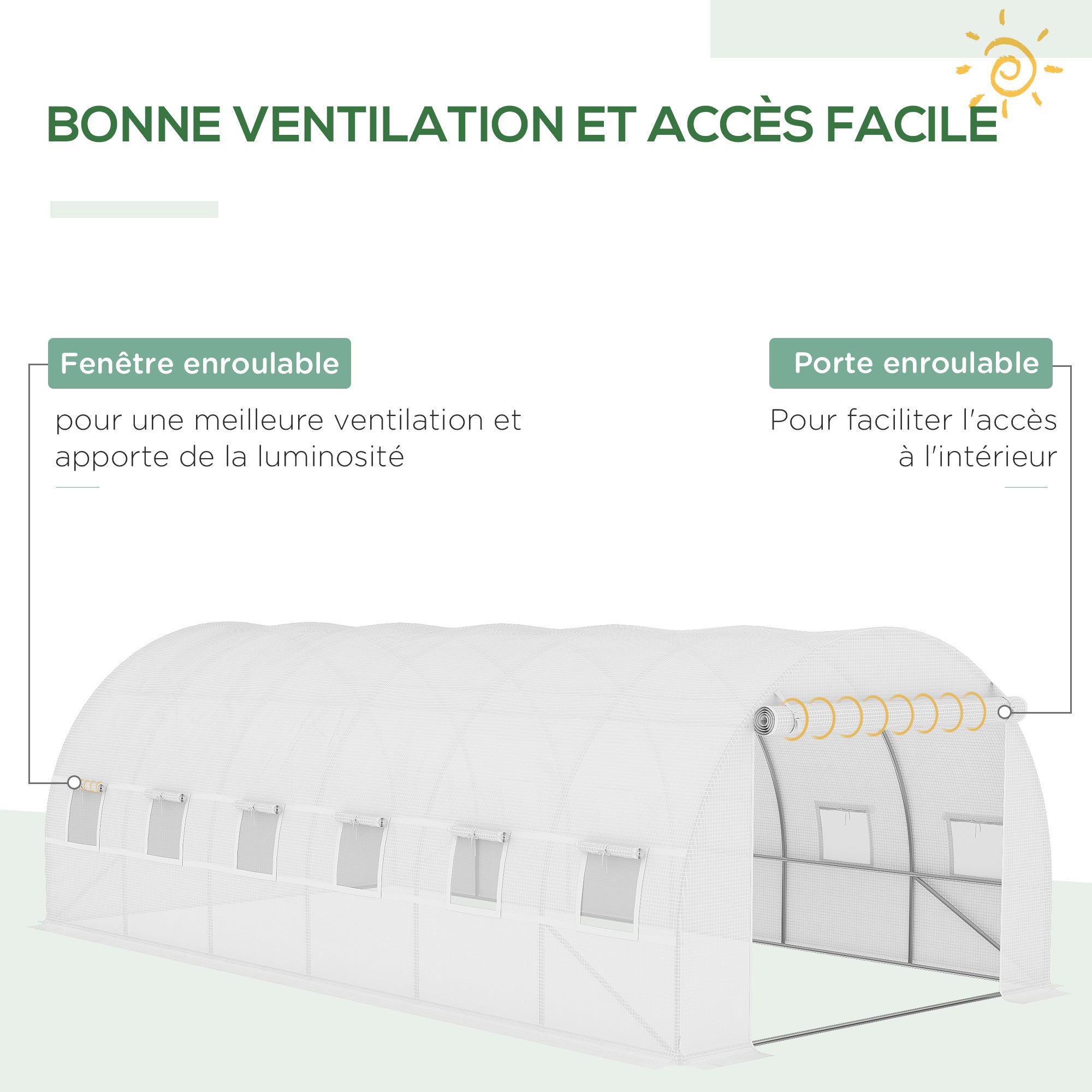 Bâche de Rechange Serre Tunnel 18 m², bâche 6L x 3l x 2H m PE Anti-UV imperméable 12 fenêtres + Porte Enroulable zippée - 6