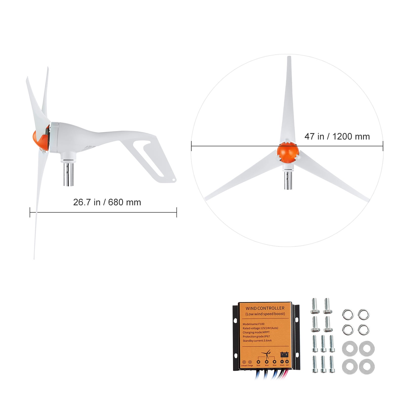 Kit gerador eólico de 500 W: 12 V, 3 pás com controlador MPPT e direção do vento ajustável de 2,5 m/s SucceBuy - 2