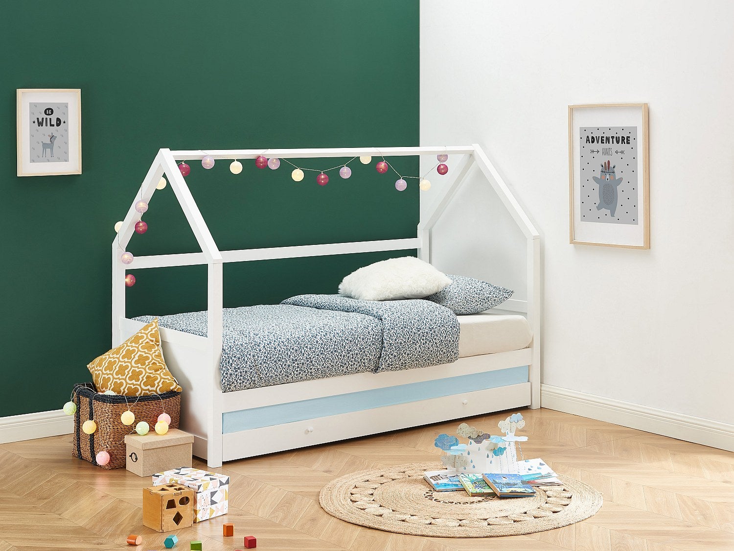 Łóżko wysuwane domek 2 szuflady 2 x 90 x 190 cm – Drewno sosnowe – Białe + Materac – HURRA