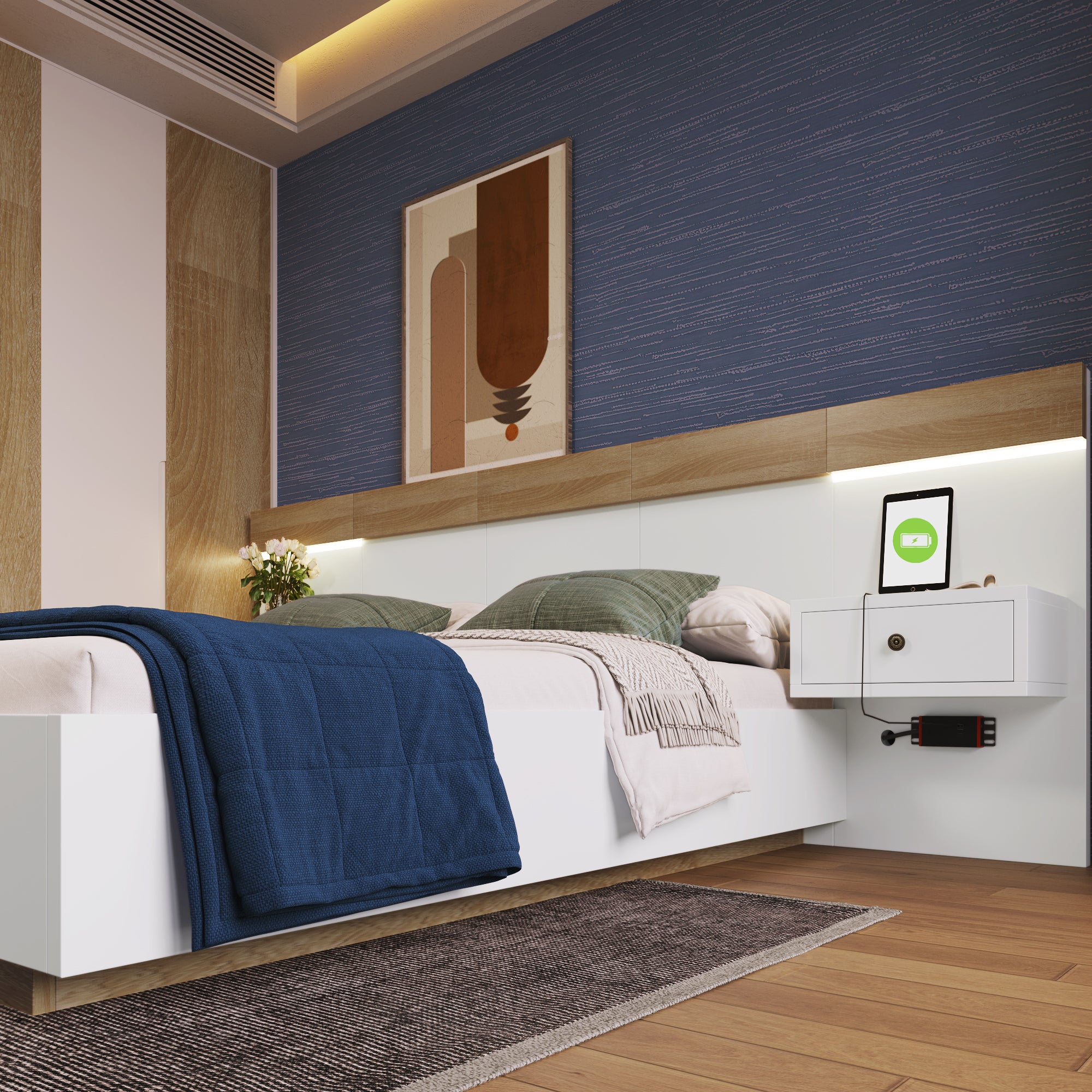 Łóżko dwuosobowe 140x200 cm z drewna z zawieszanymi szafkami nocnymi + LED i portami USB + stelaż na listwy - Białe - 5