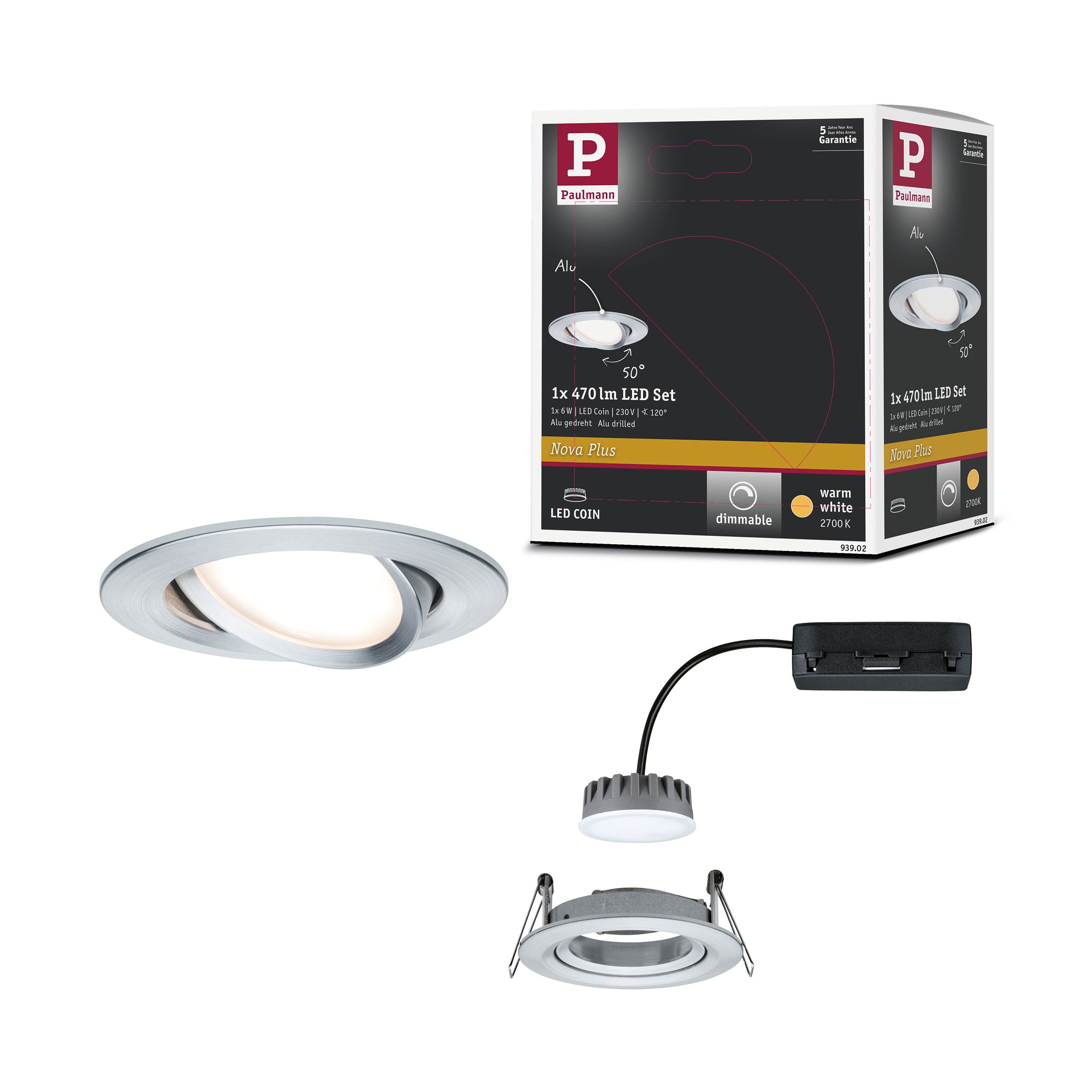 Paulmann  Spot Encastré Led Nova Plus Coin Luminaire Individuel Orientable Rond 84 Mm 50° Coin 6W 470Lm 230V Gradable 2700K Alu Tourné , Leroy Merlin