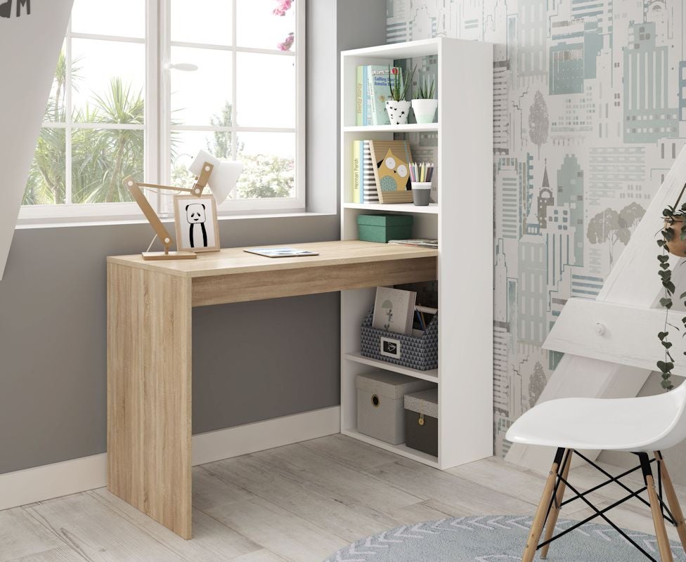 Bureau ADELE avec étagère de rangement réversible intégrée L120cm X P53cm X H144cm - Blanc / Bois - 3