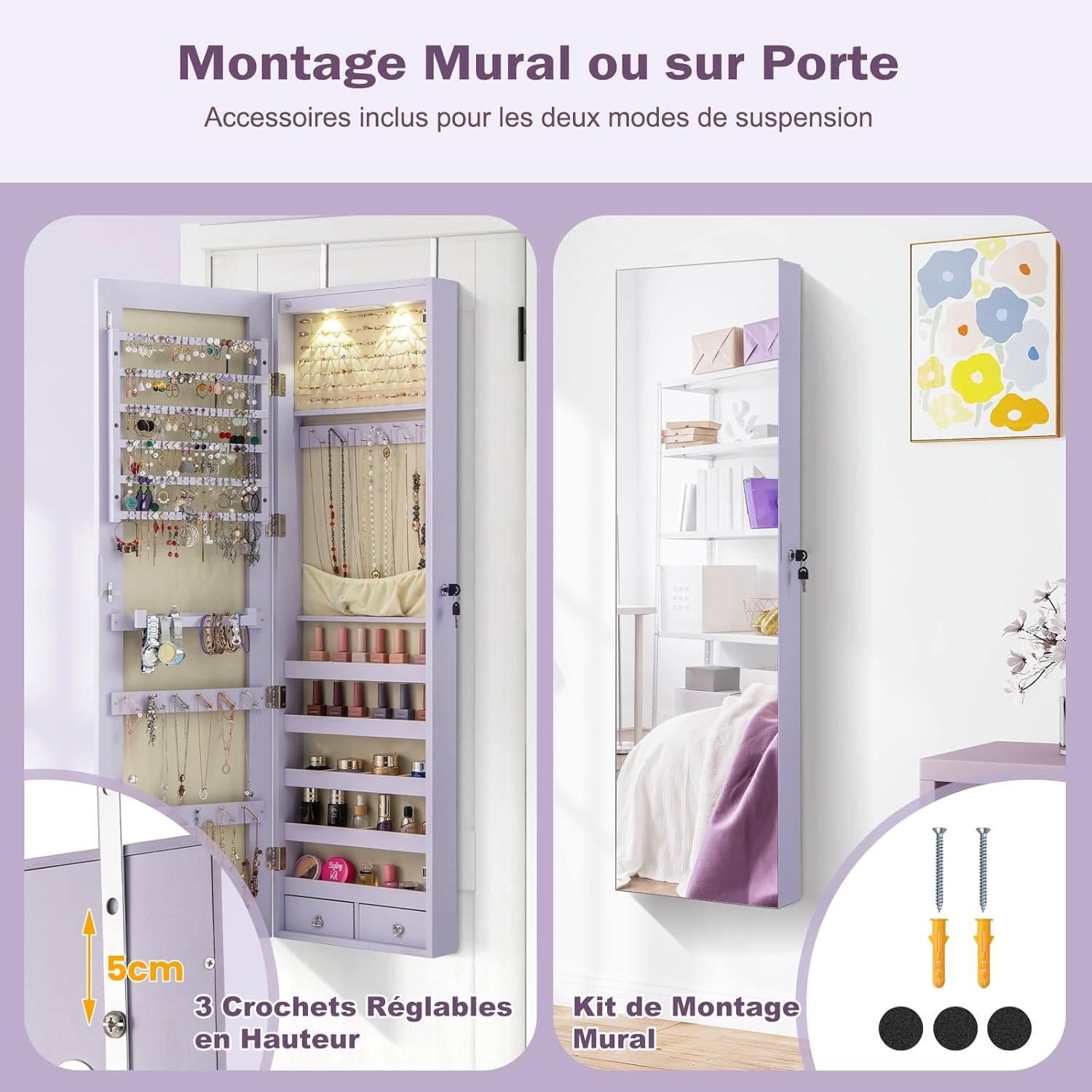 Armoire à Bijoux avec Miroir, Armoire a Bijoux Murale avec Éclairage LED, 2 Tiroirs, Fixer au Mur ou à Suspendre sur Porte (Violet) - 5