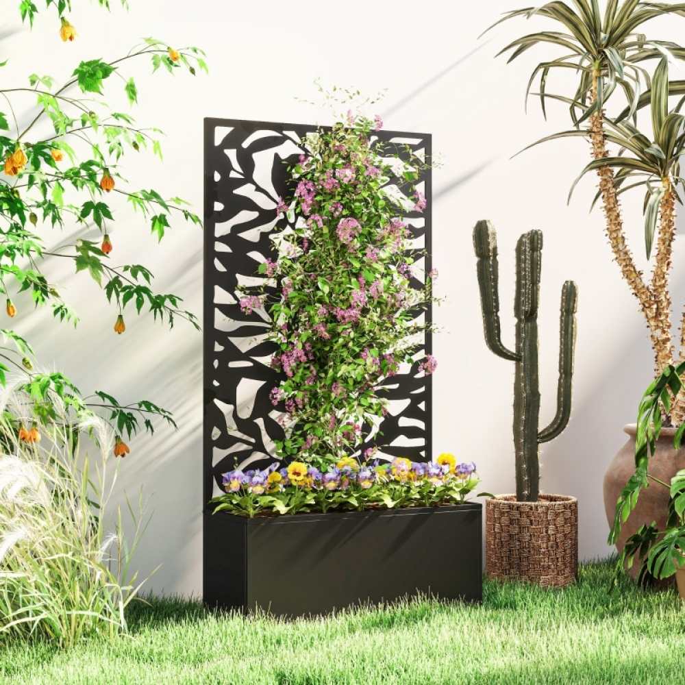 Bac surélevé de jardin en métal noir avec treillis, panneau occultant, jardinière extérieure, potager, bac à fleurs, protection vie privée - 2