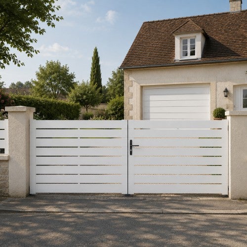 Portail battant manuel PVC blanc structure renforcée H 140 x L 300 cm ajouré LYON