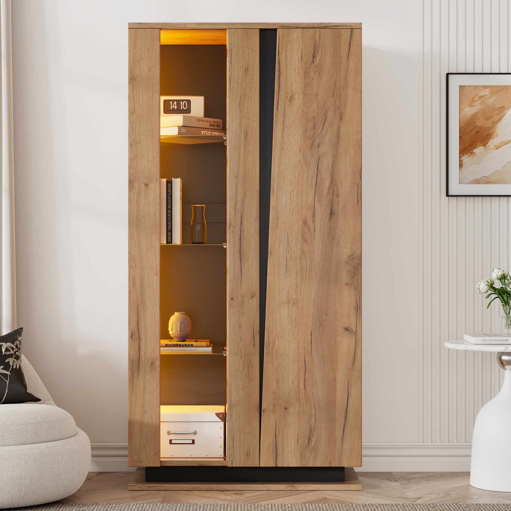 Vitrine avec 2 portes et 8 étagères - 80 x 35 x 160 cm - LEDs - Panneau de particules et acrylique - Naturel - 2