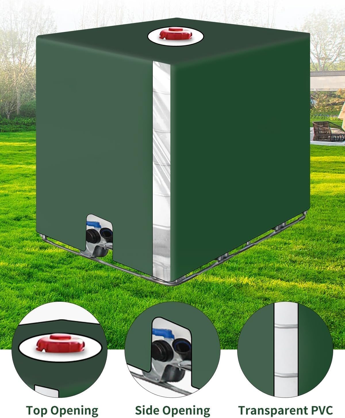 Vert(116 x 100 x 120 cm) Bache pour Cuve IBC 1000L, Bâche Recuperateur d Eau de Pluie avec Film Transparent, Anti-UV Anti-Poussière Bache Couvercle Ho - 4
