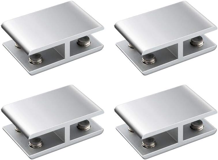 Zestaw 4 regulowanych, dwustronnych wsporników ze stopu aluminium do szklanych półek, uchwyt zaciskowy do szkła o grubości 8 do 10 mm, 180 stopni