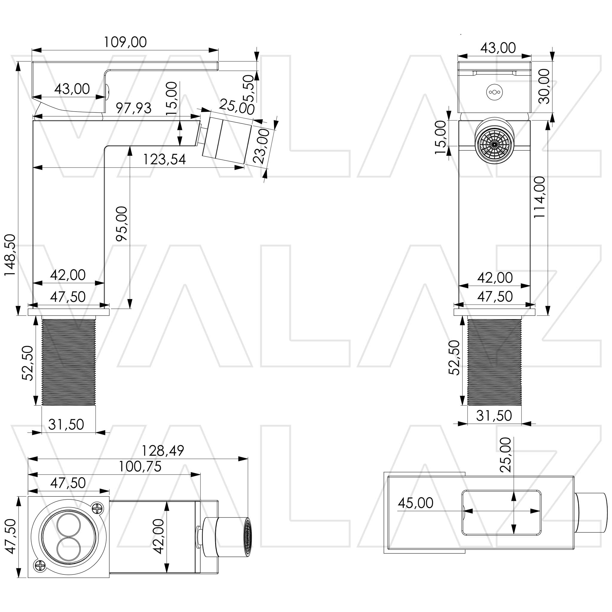 Valaz Grifo de bidet monomando cuadrado negro mate con maneta hueca serie Guadalete - 2