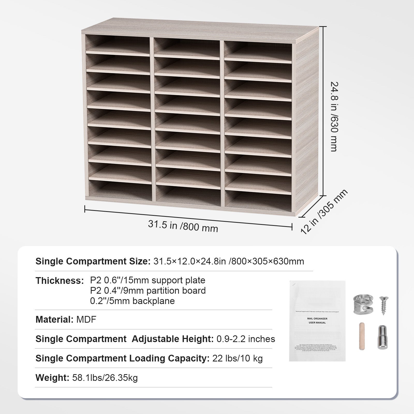 Organiseur Documents SucceBuy Bois 27 Compartiments Réglables, Gris pour Bureau ou Maison - 9