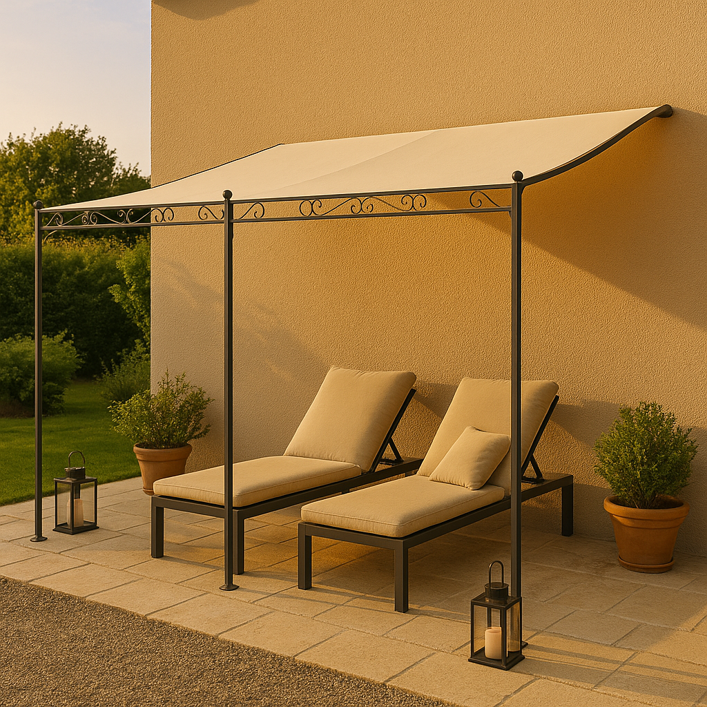 Tonnelle Adossée en fer forgé - Toile Beige, Polyester 160 g/m² - 4 x 3 m - 7
