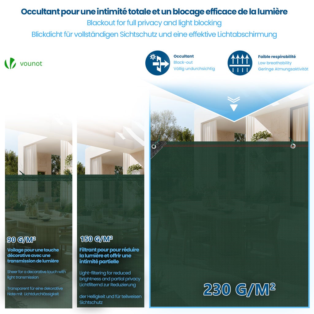 Brise vue occultant en HDPE 230g/m² 1.5x20m avec attaches de fixation vert VOUNOT® - 4
