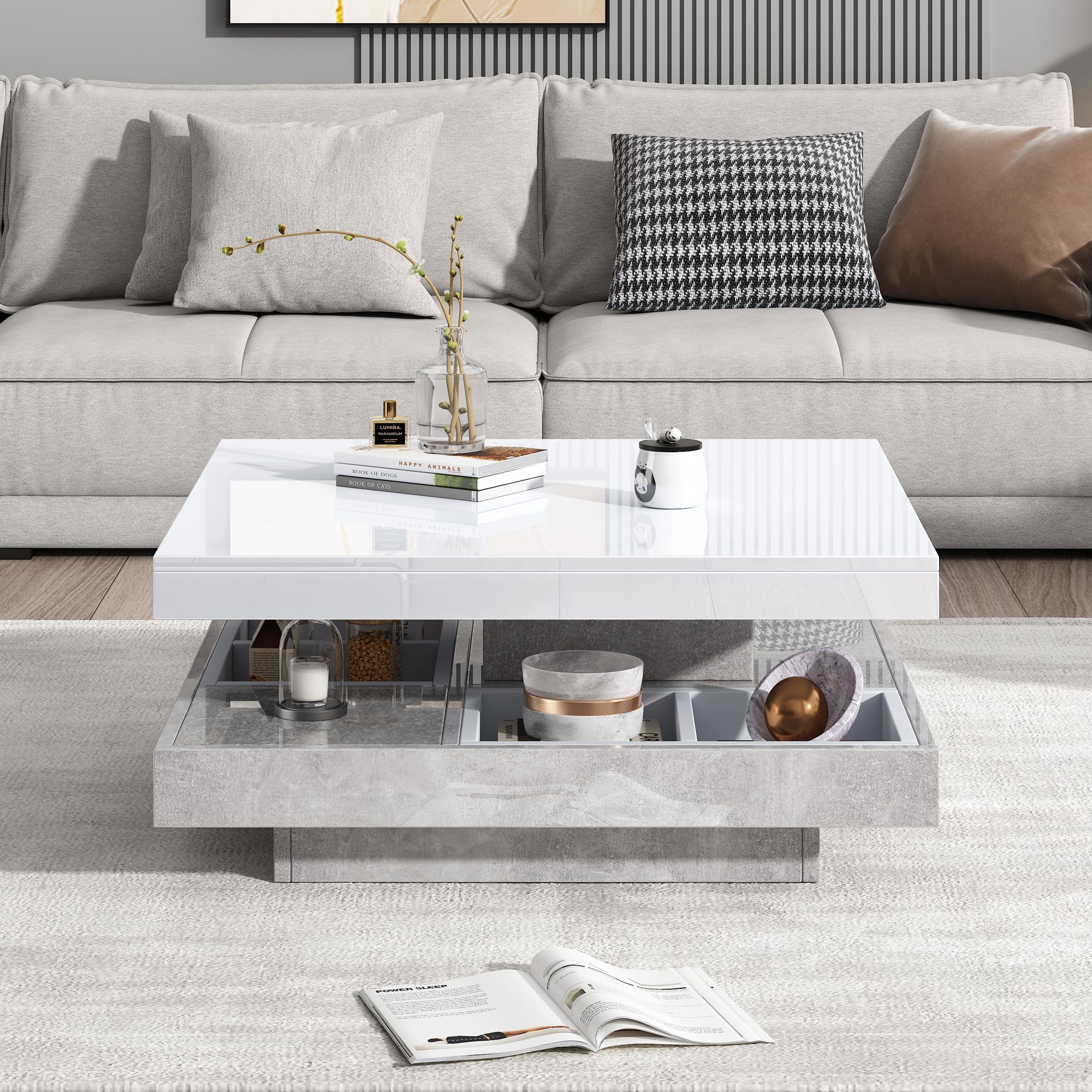 Table basse avec rangements 70x70x36 cm - plateau brillant orientable à ...