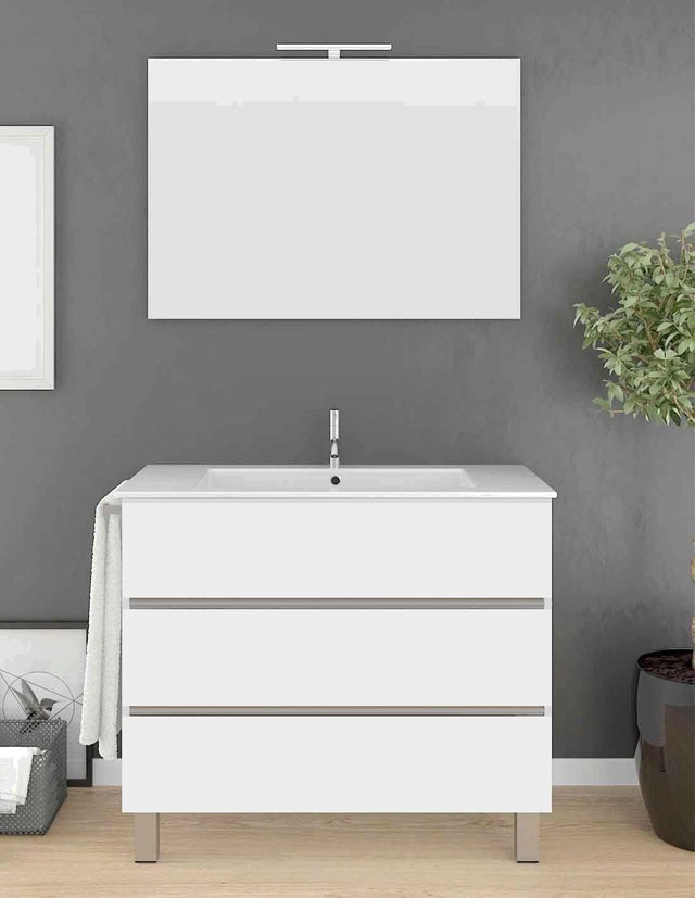 Mueble de Baño IMPERIA 3 cajones incluye lavabo y espejo - Blanco 100 x 40 cm
