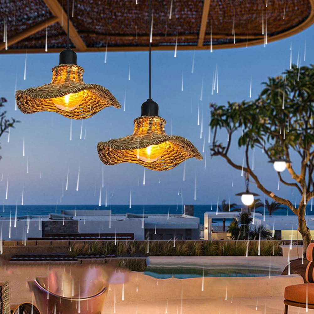 Lampadario da esterno in rattan bohémien, adatto a giardini e gazebo, a batteria/senza telecomando, 18,5 x 7,5 cm, luce calda - 3