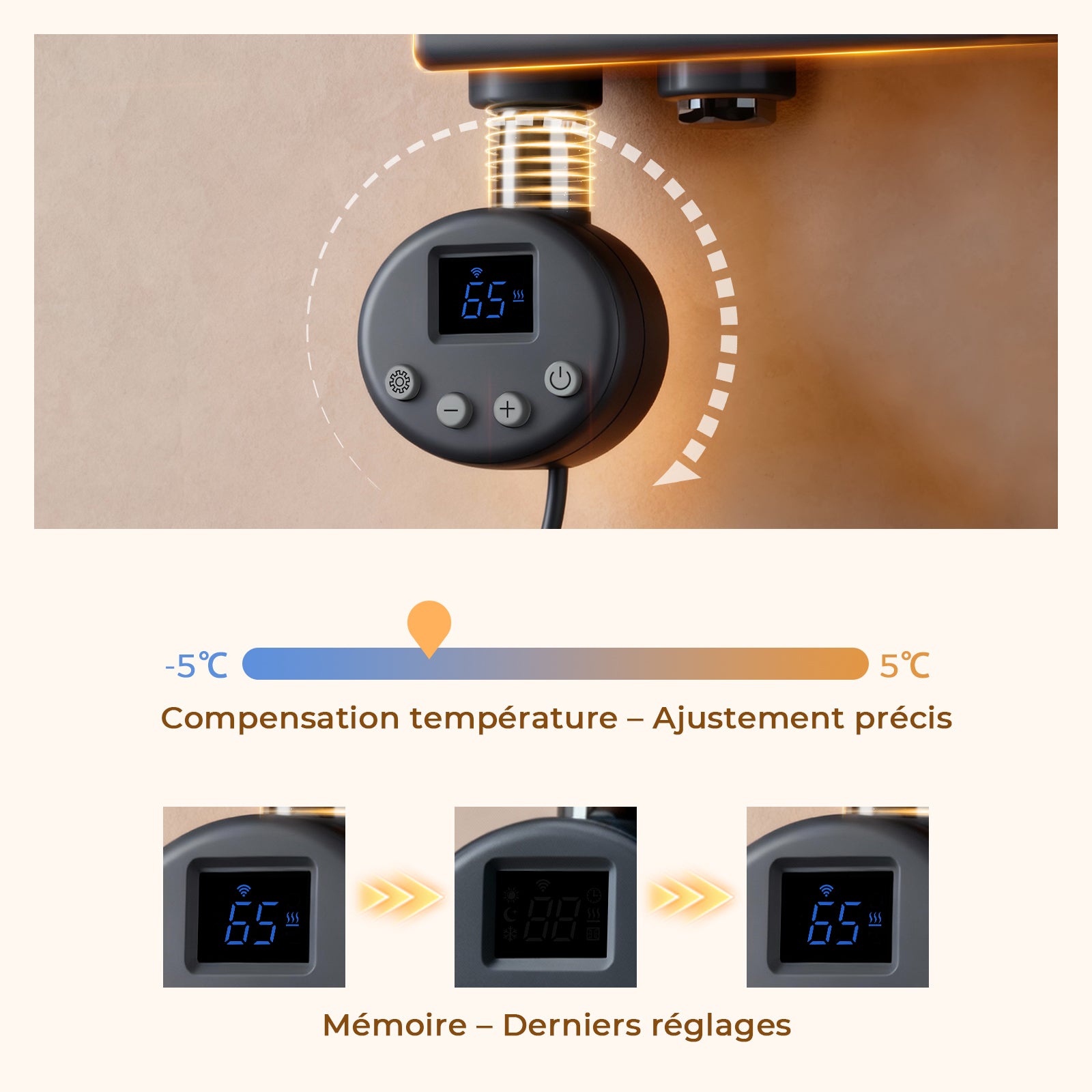 S'AFIELINA Sèche-serviettes électrique connecté WiFi avec thermostat digital, tige chauffante programmable, Anthracite,159,9x50 cm 1000Watts - 7
