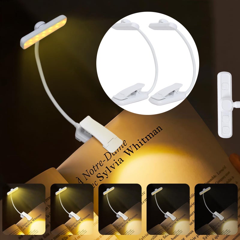 Zestaw 2 ładowalnych lampek LED do czytania, lampka biurkowa z zaciskiem, ochrona oczu, trójkolorowe światło, białe