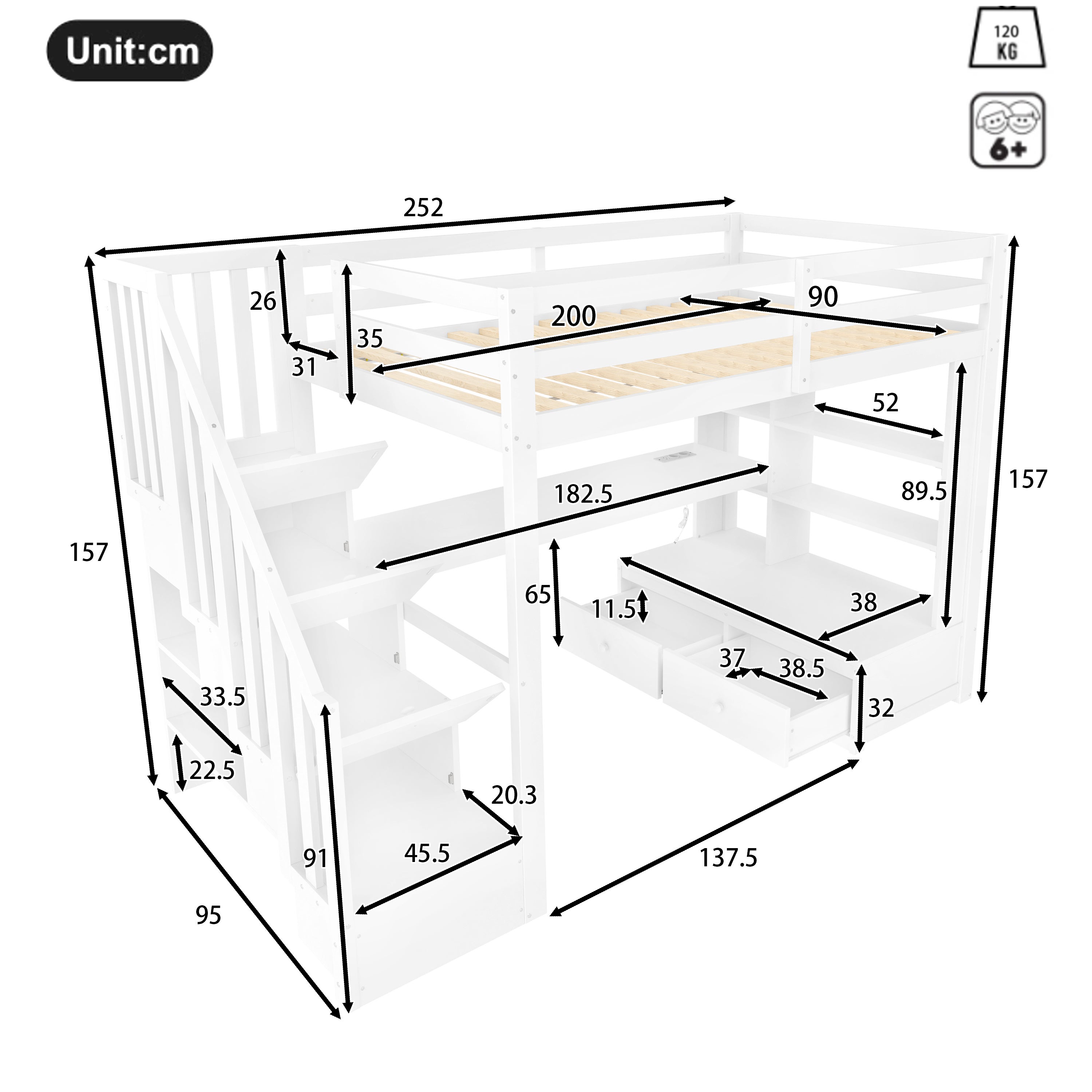 Lit Mezzanine 90x200 avec Bureau & Étagères, Lit Enfant Escalier de Rangement & 2 Tiroirs, Gain de Place Robuste pour Chambre, Épuré - Blanc - 5
