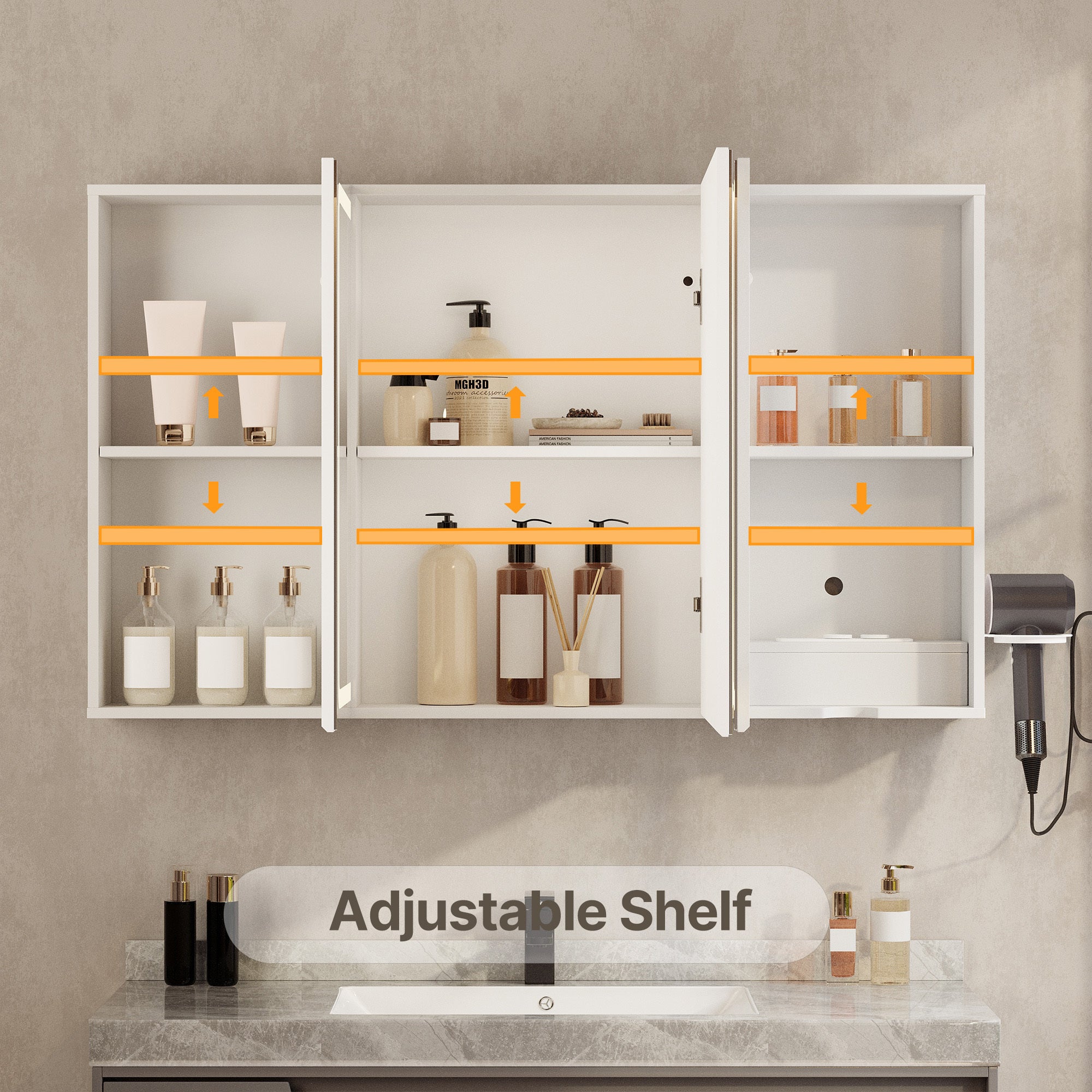 Armadio da toilette specchio con LED,3 ante,100 x 16 x 60 cm,ripiani regolabili,3 temperature di luce - 7