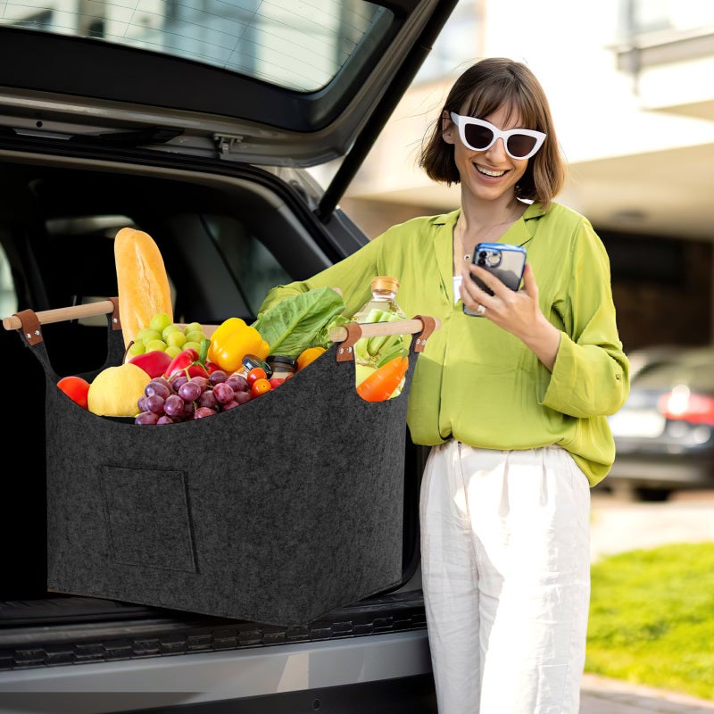 Cesto de feltro com alças de madeira, cesto para lenha, 5 mm, cinza escuro - 5