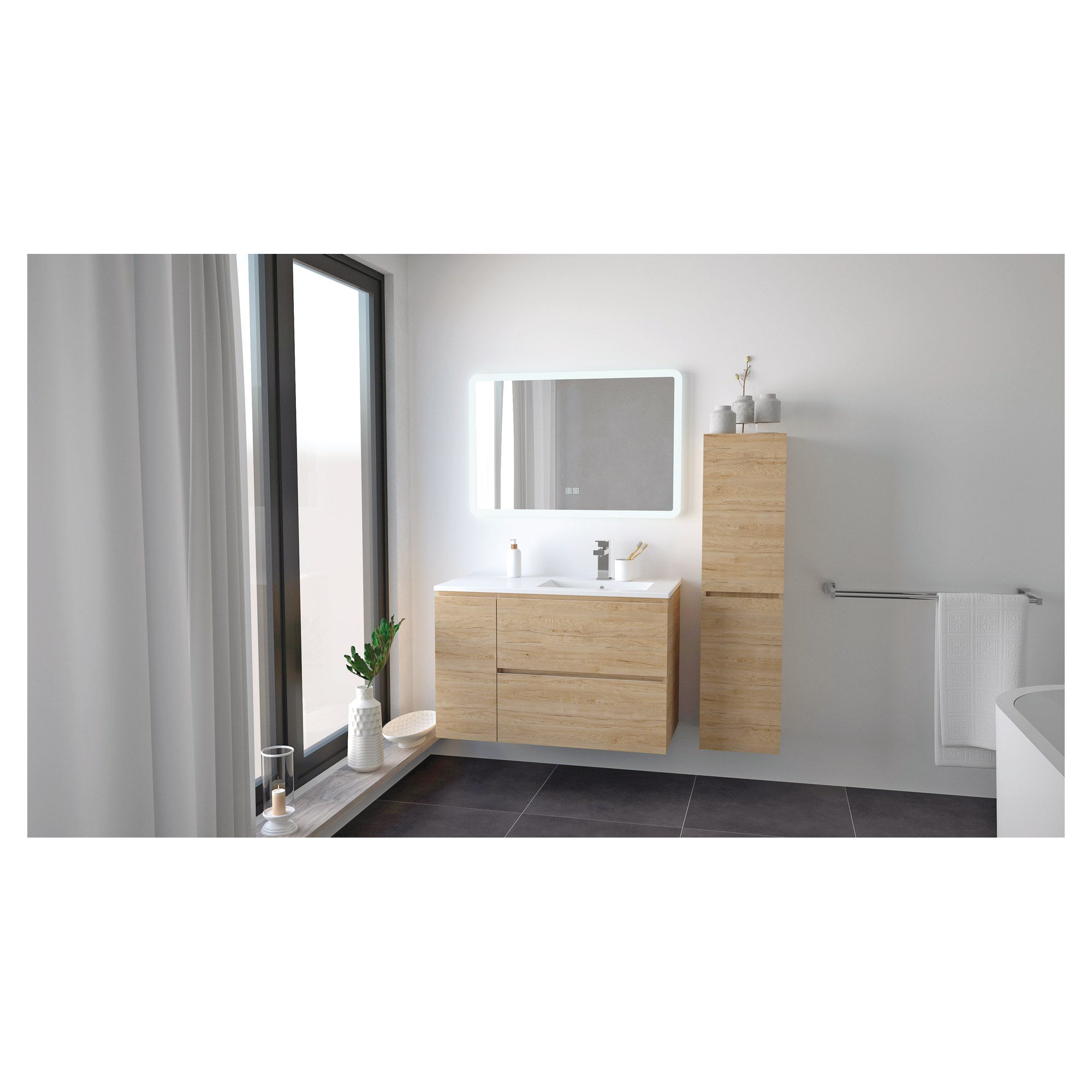 Mueble de baòo trendy - 90 cm - blanco mate - 2 cajones y 1 puerta - espejo athena