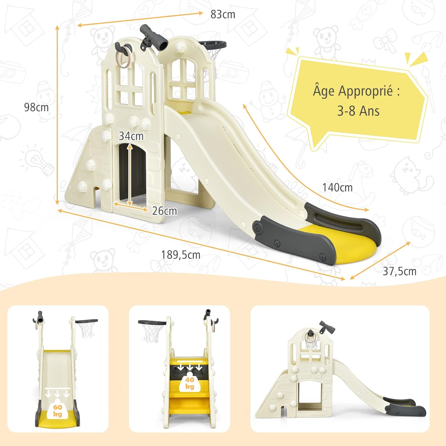Toboggan 6 en 1 pour Enfant - Glisse de 140 CM,Aire de Jeux Extérieure 3-8 Ans, Jaune - 5