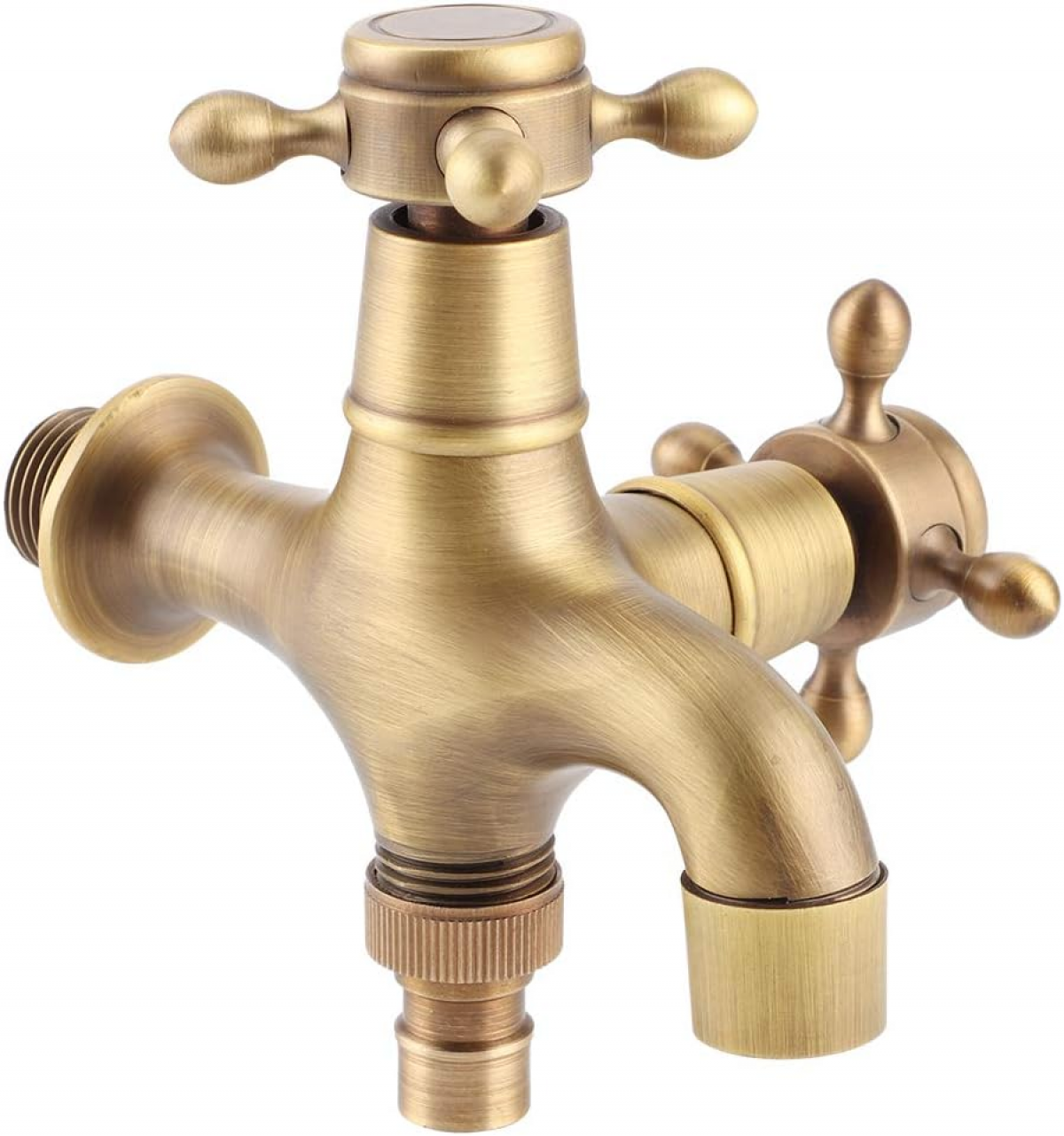 Mosiężny kran ogrodowy z podwójnym wyjściem w stylu vintage, montowany na ścianie, kran zewnętrzny do pralki, złoty, 12.8*11.2*9cm