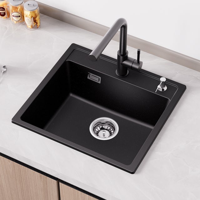 Évier Cuisine en Granit ,Évier à Encastrer 50*45cm ,Évier 1 Bac Noir , Kit de Vidage