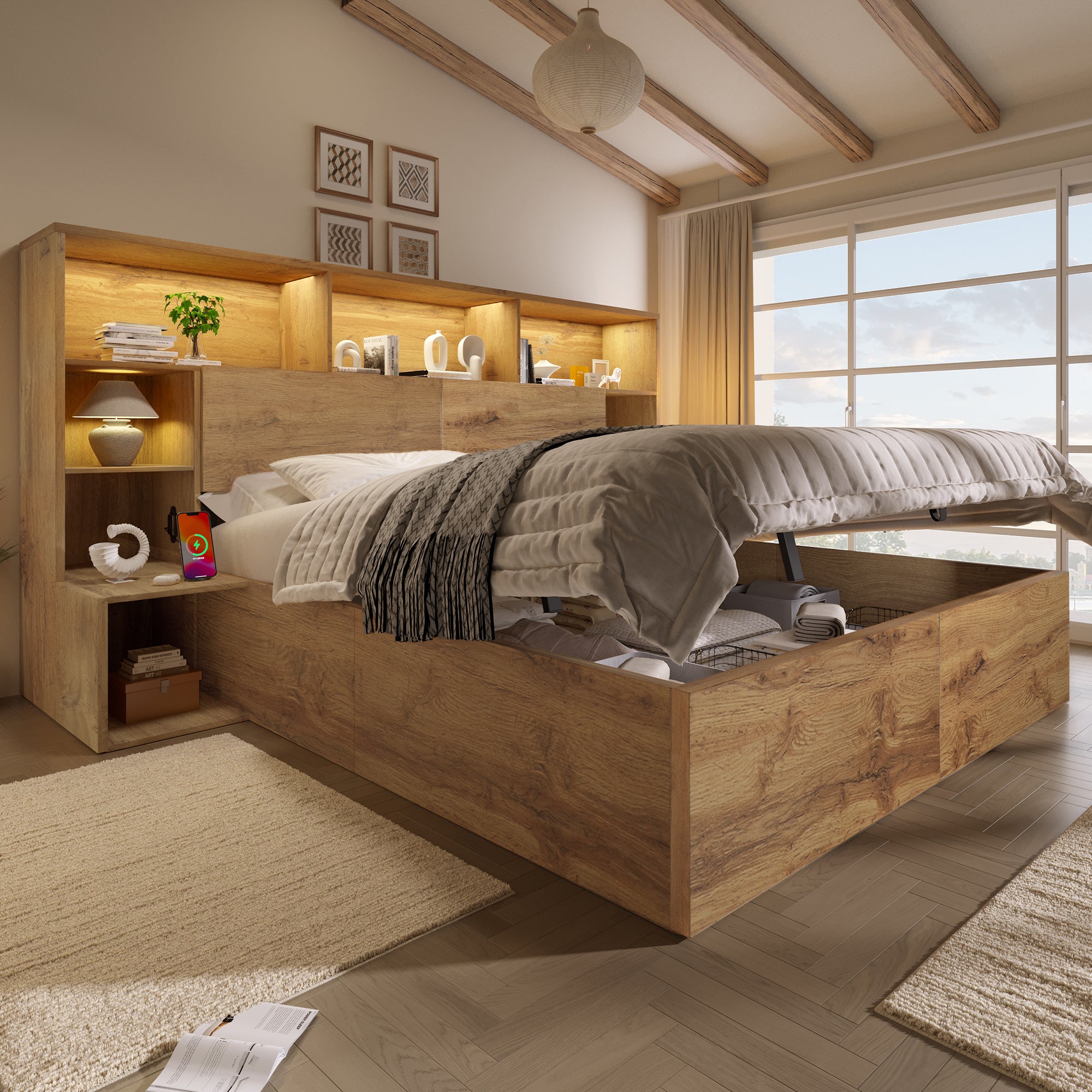 Lit 160x200 cm avec rangement hydraulique,Lit double en bois avec LED et port USB,avec table de chevet,sommier à lattes, Couleur Chêne(Sans matelas) - 6