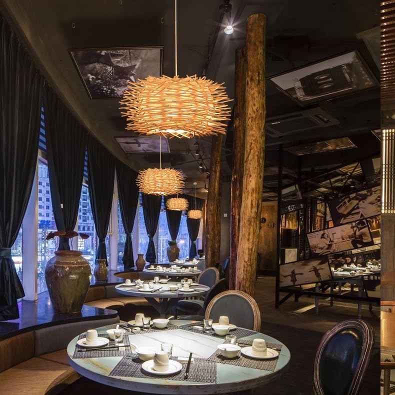 GOECO Lustre Suspension en Rotin, Vintage E27 Suspension Lumineuse en Rotin, Creative en Nid D'oiseau Suspension en Bambou Naturel pour Salon Chambre - 2