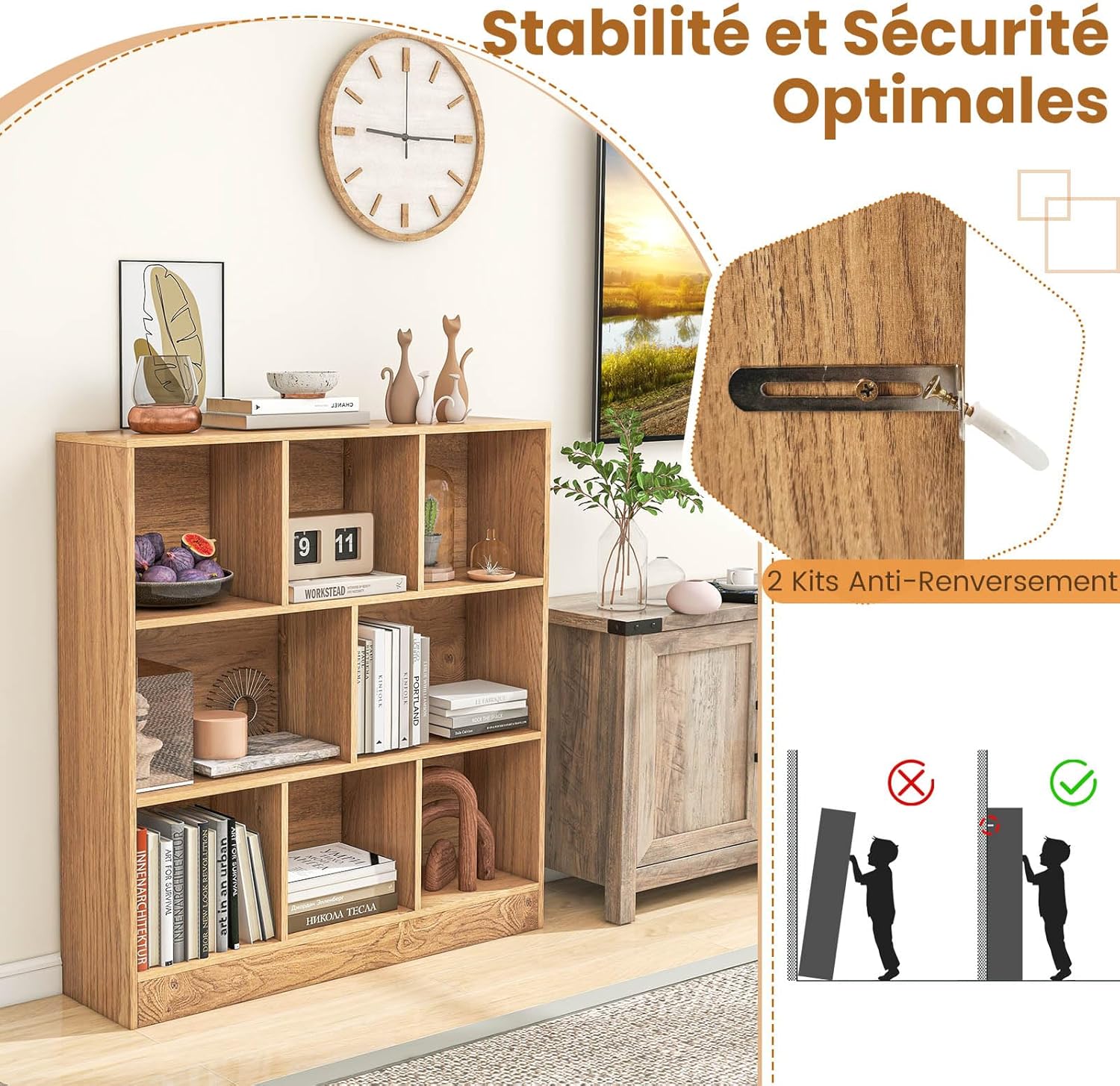 Étagère 8-Cube, Bibliothèque 3 Niveaux avec Compartiments Ouverts, 2 Kits Anti-basculement, Armoire Rangement pour Livres & Jouets, 100 x 24 x 104 cm - 5
