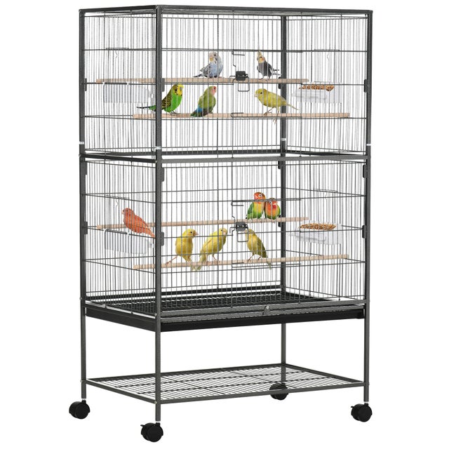 Gaiola Pássaros com Rodas 78x52x132cm Metálica 4 Portas Bandeja Amovível Cinza