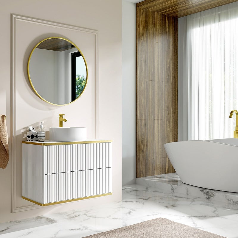 Szafka łazienkowa wisząca ryflowana ze złotą listwą i okrągłą umywalką nablatową - Biały - 80 cm - KELIZA