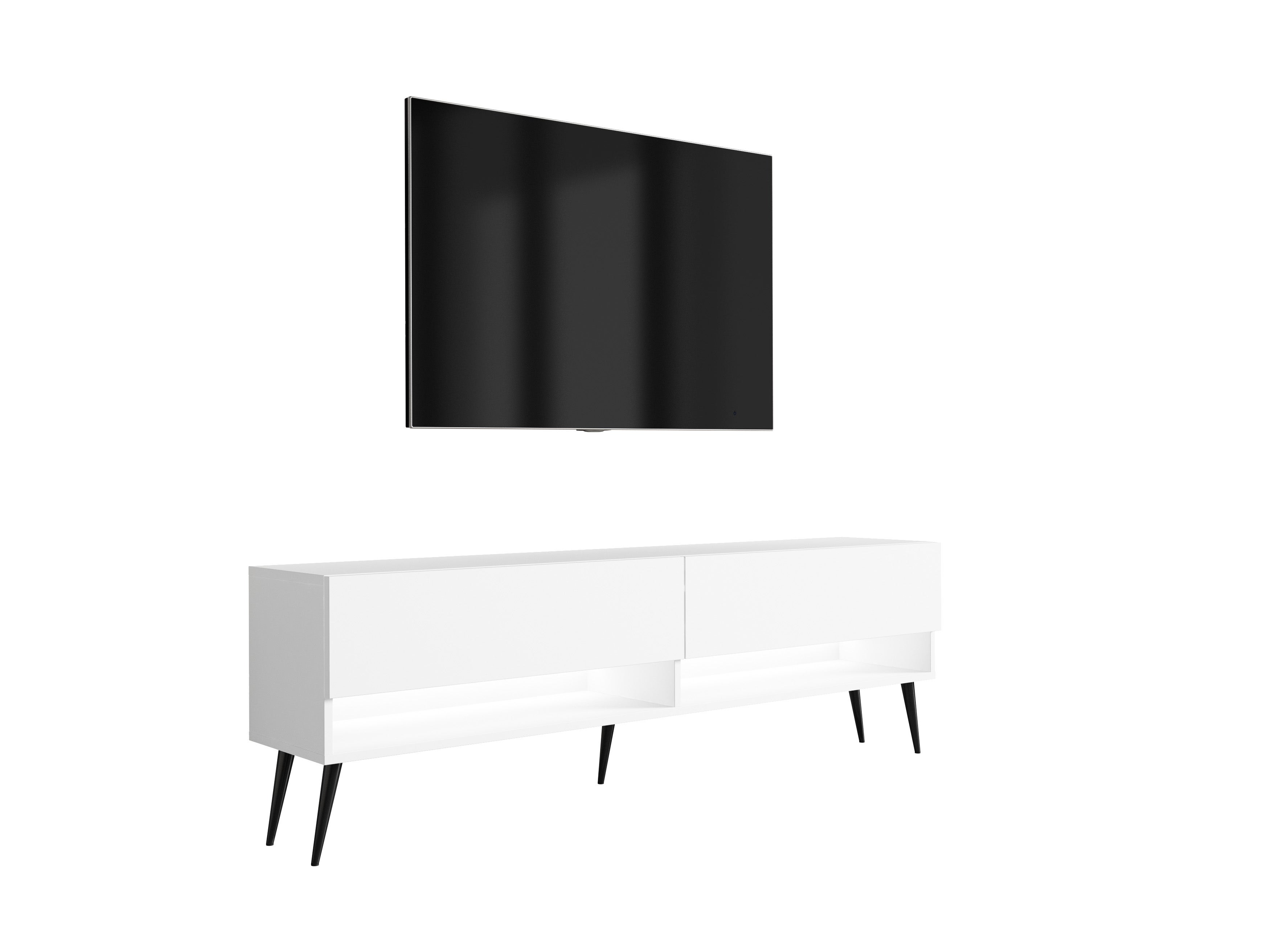 Szafka RTV : Biały Mat, nóżki pochyłe czarne, LED biały, 170 × 32 × 52 cm