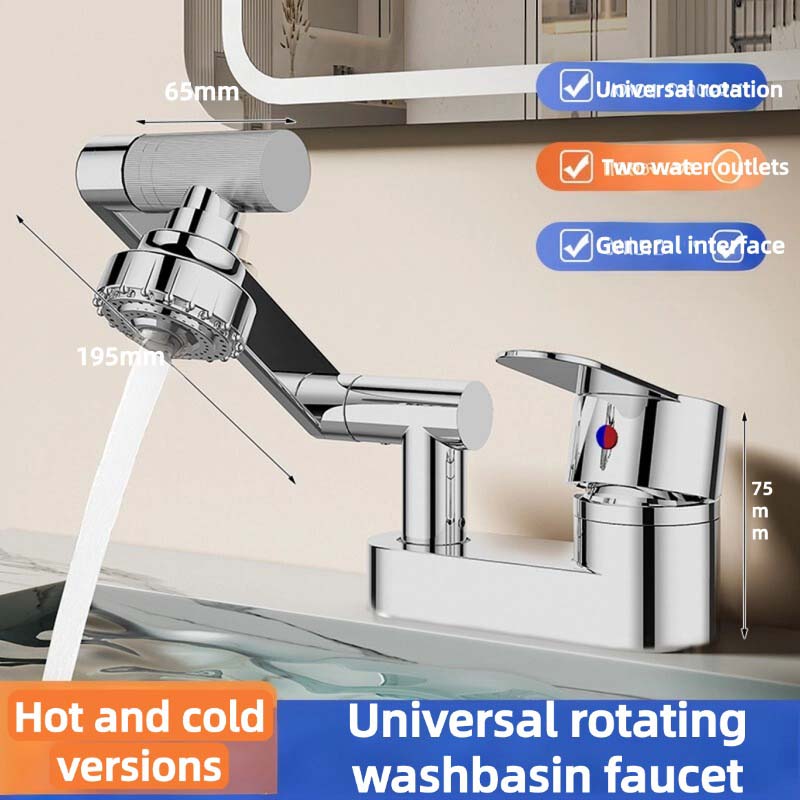 Bateria Umywalkowa Łazienkowa | Podwójny Otwór Zimna i Gorąca Woda | Kurek Zlewozmywakowy Miski z Obrotowym Zaworem Mieszającym 360°(srebrny)