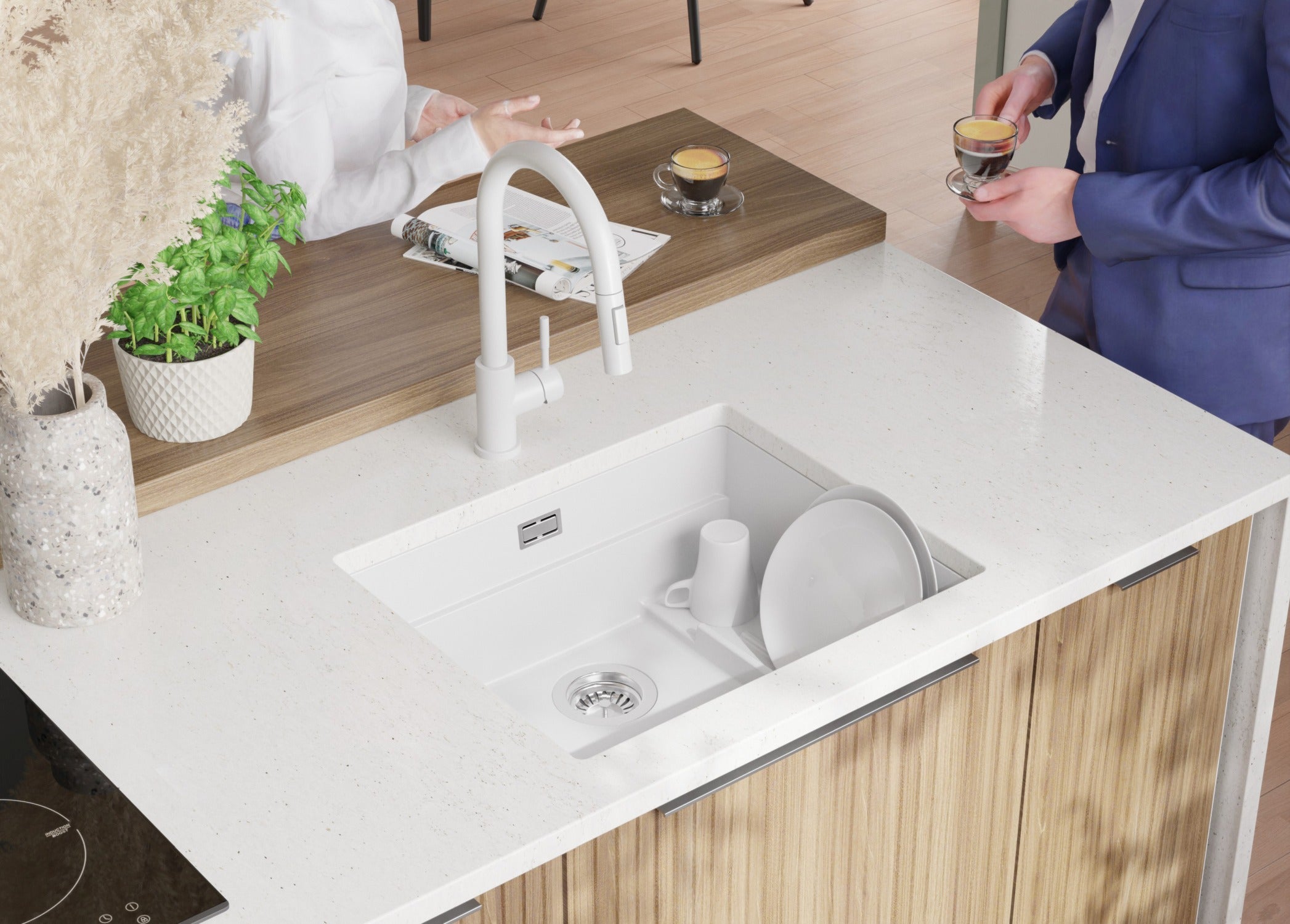 Lavandino sottotop Bianco 56x47cm, Lavello in Granito a 1 vasca + Sifone Classico + Accessori, Lavabo da Cucina al mobile 60cm - Prague PRIMAGRAN - 4