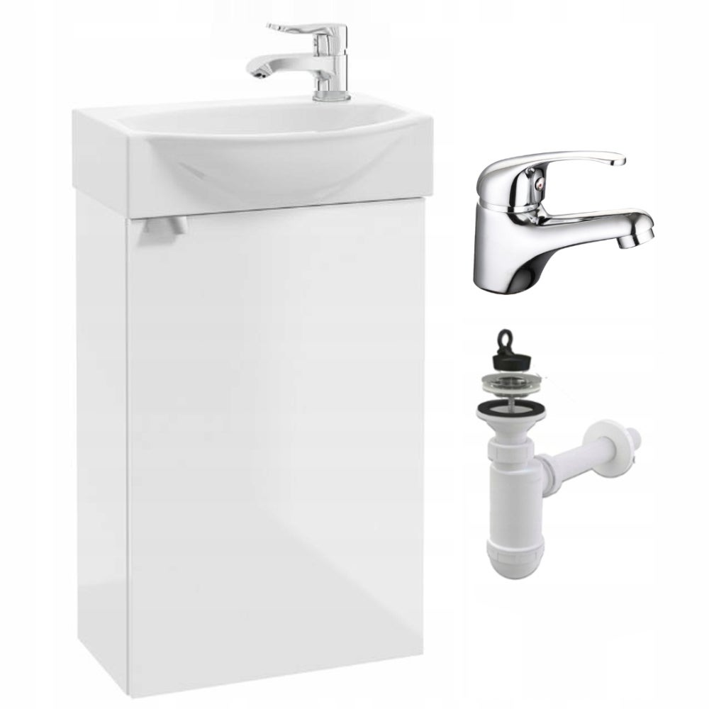 Szafka Łazienkowa z Umywalką 40 x 30cm Biała Połysk Wisząca z Baterią Chrom