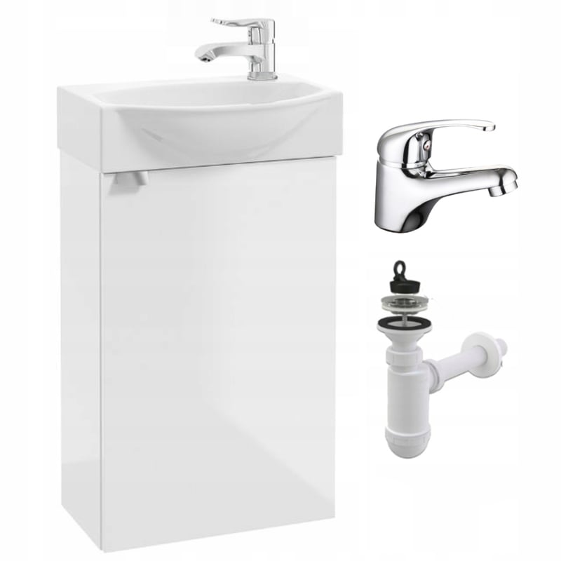 Szafka Łazienkowa z Umywalką 40 x 30cm Biała Połysk Wisząca z Baterią Chrom