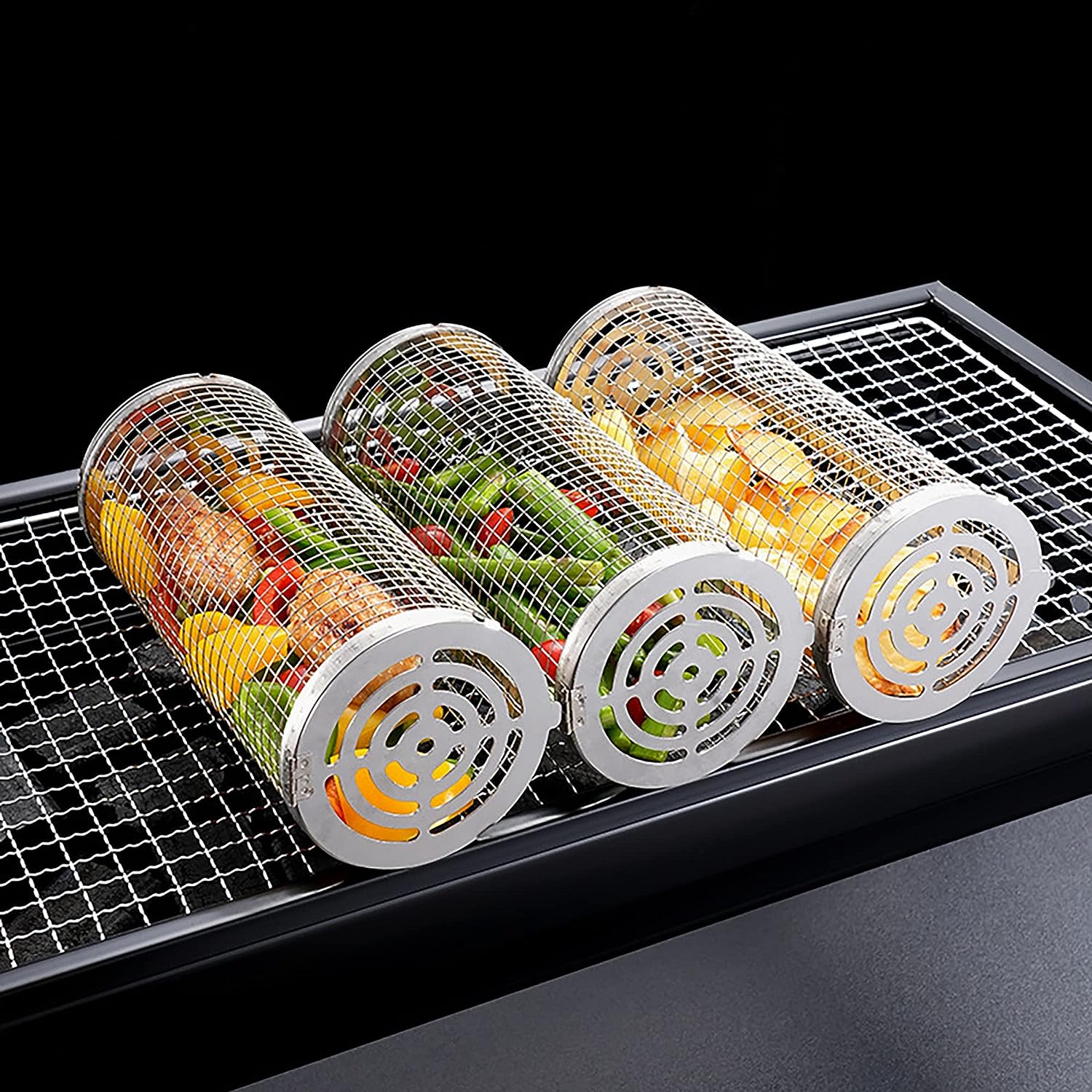 Cestino per griglia per barbecue da 2 pezzi, rete cilindrica per griglia in acciaio inossidabile per verdure e carne 9,5 x 19 cm - 3