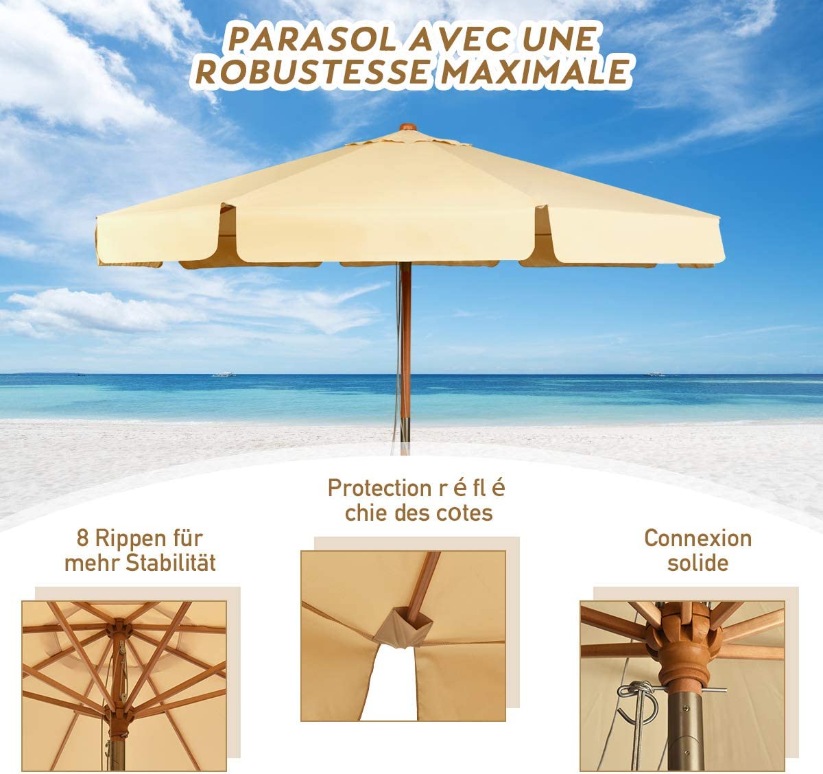 parasol inclinable ø300cm avec manivelle anti-uv,protection solaire toile polyester imperméable pour jardin,terrasse, balcon - 2
