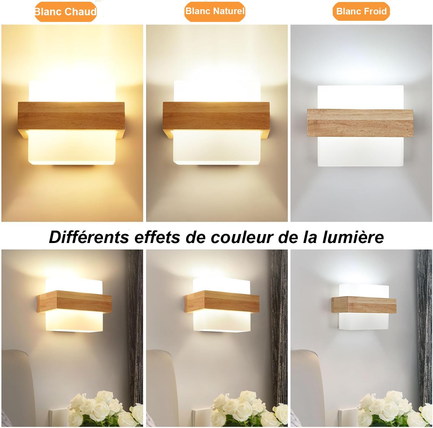 GOECO Applique Murale Interieur, 12W Moderne Lampe Murale en Bois avec Abat-jour en Verre E27, 3 Température de Couleur 3000K/4500K/6500K - 3