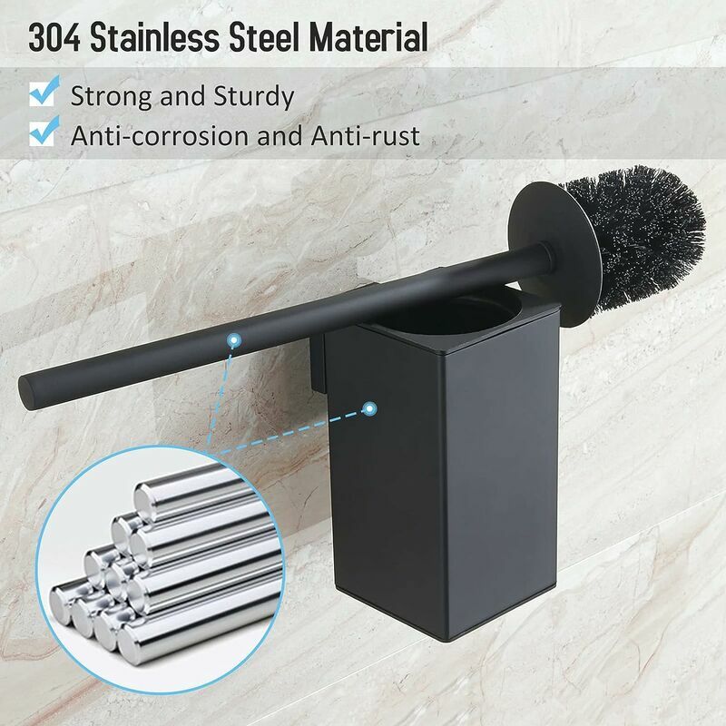 CCYKXA (noir) Porte-brosse de toilette carré mural en acier inoxydable 304 avec 1 têtes de brosse - 4