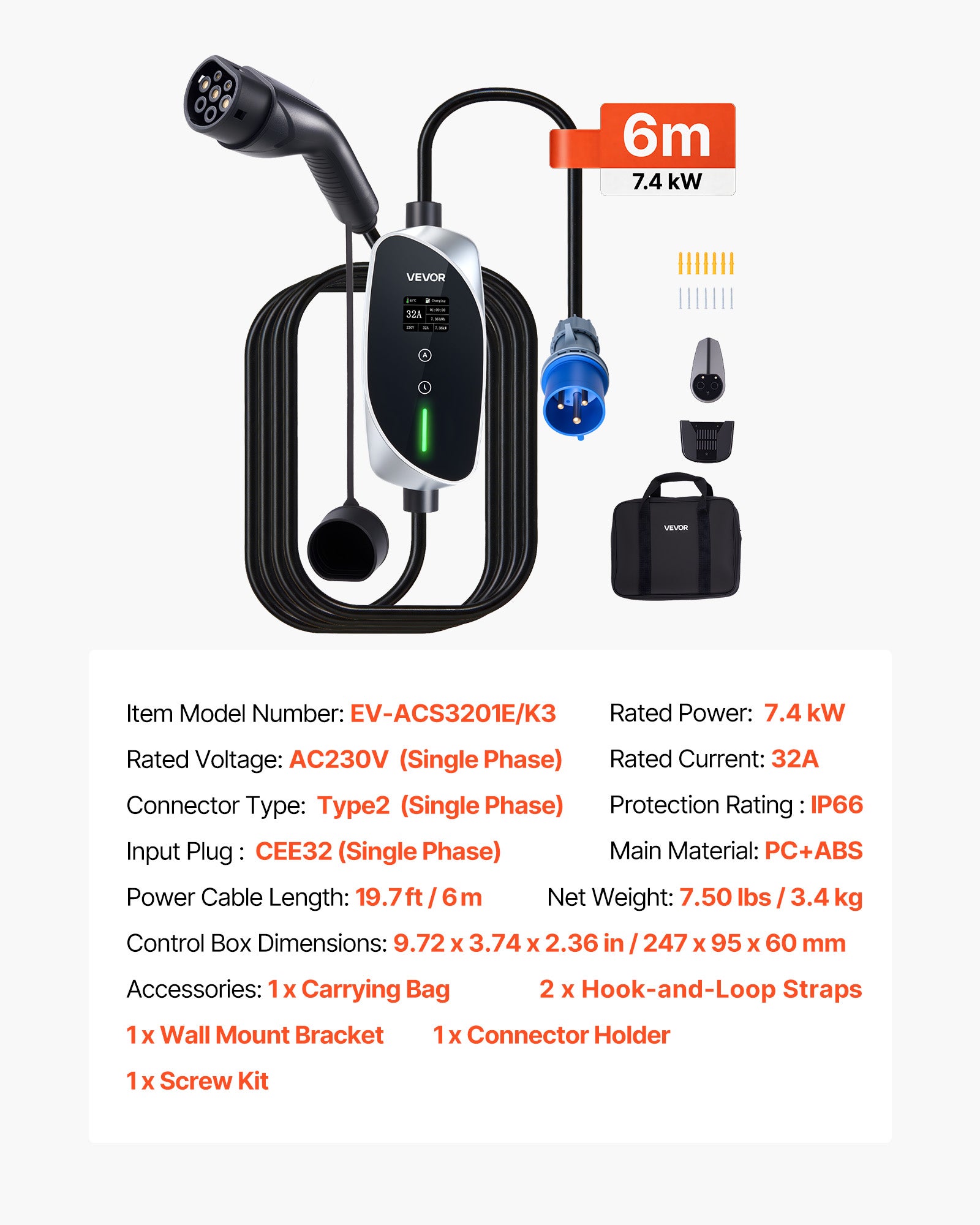 Carregador automóvel elétrico VEVOR 7,4 kW 32 A Estação móvel carregamento veículos elétricos, cabo carregamento tipo 2 6 m, ficha CEE monofásica 32 A - 7