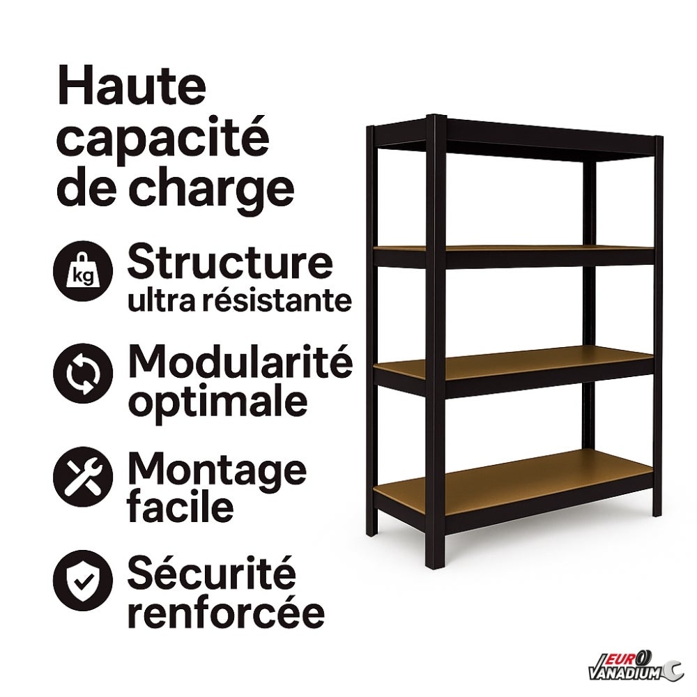 EURO VANADIUM - Etagère pour charges lourdes, 160 x 40 x160 cm, Capacité 640 kg - Etagère de rangement Modulable - Noir - 40 cm - Noir - 2